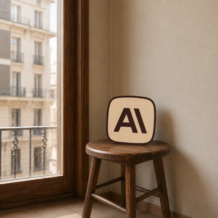 A wooden sign with the Claude logomark, propped on a stool