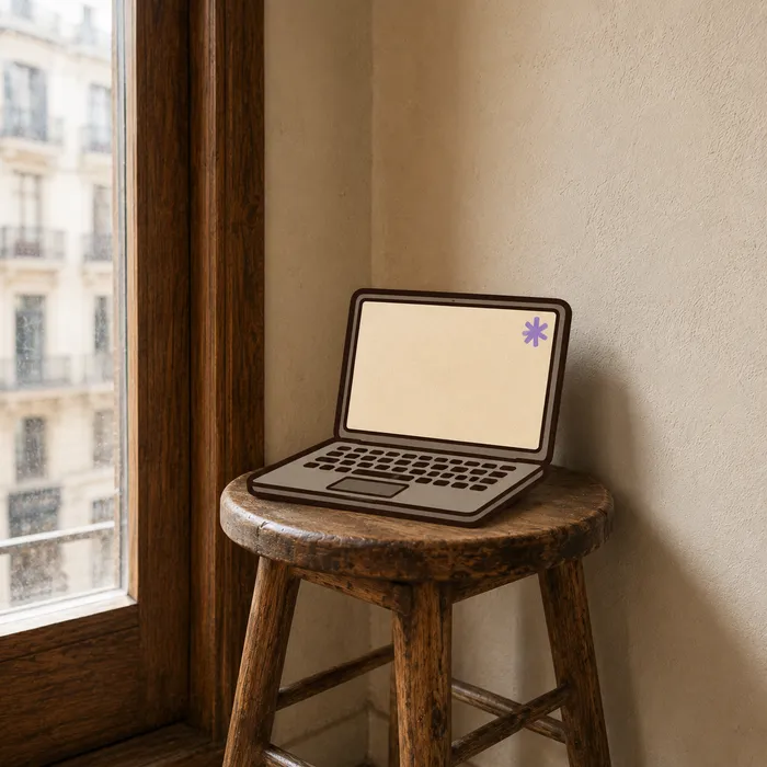 A drawn laptop with an asterisk sticker, resting on a wooden stool