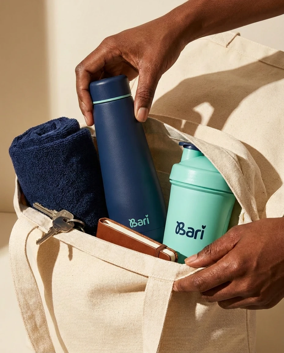 The Bari bottle and protein shaker, packed in a bag