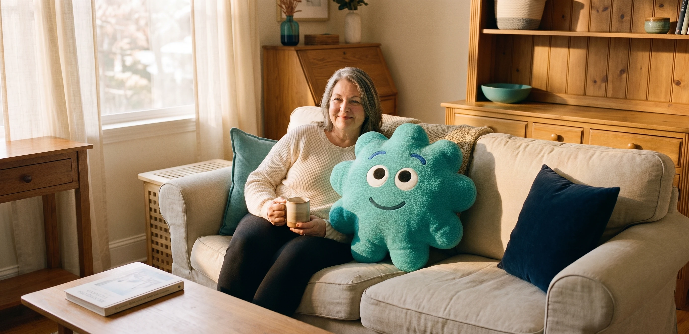 The plush companion on a sofa, beside you: in this together