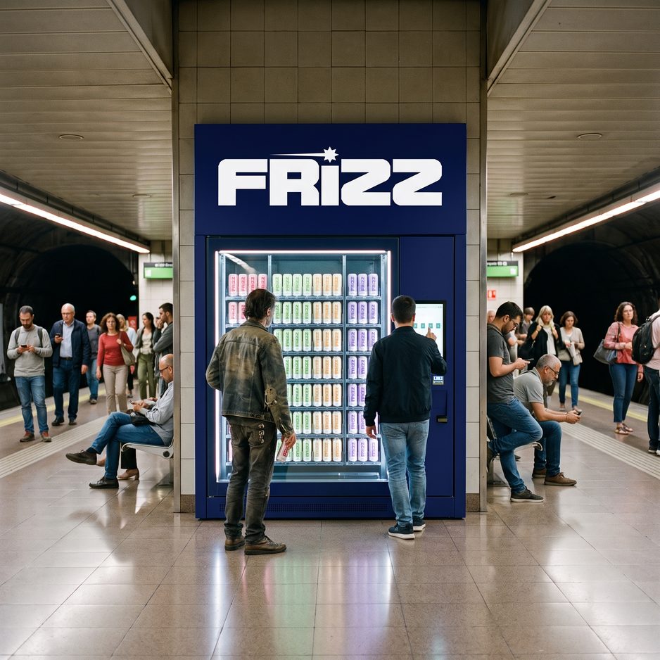 THE VENDING MACHINE: the navy Frizz machine glowing on a metro platform