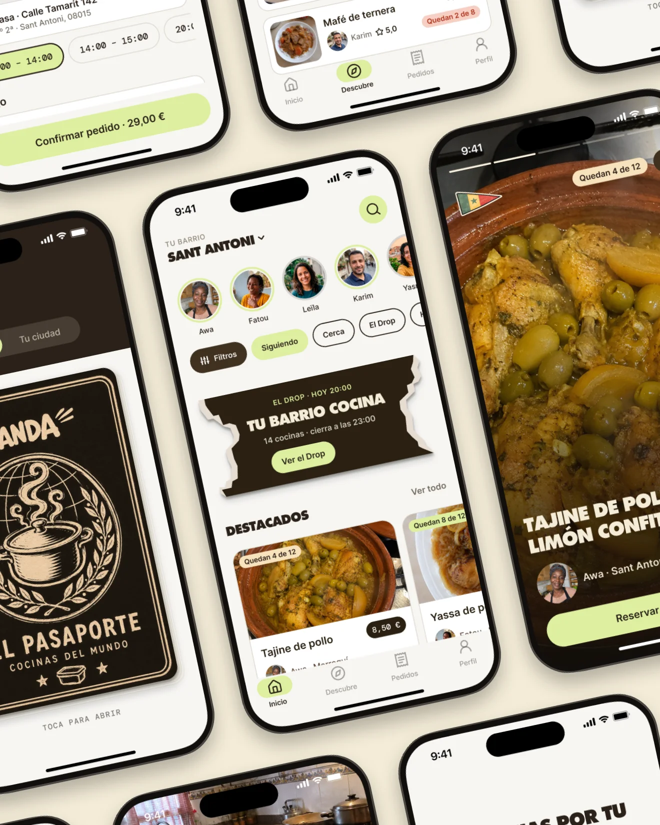 Vianda, the client app: tilted montage of real screens